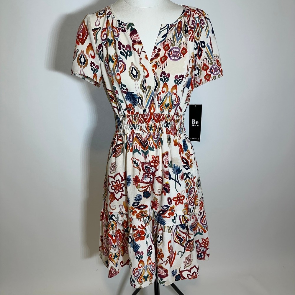 NWT Be By CHETTA B Multicolor Abstract Floral Dress Womens Size Small S Pockets